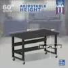 Image showcasing adjustable workbench and sizes for a 60" wide rolling steel workbench for sale