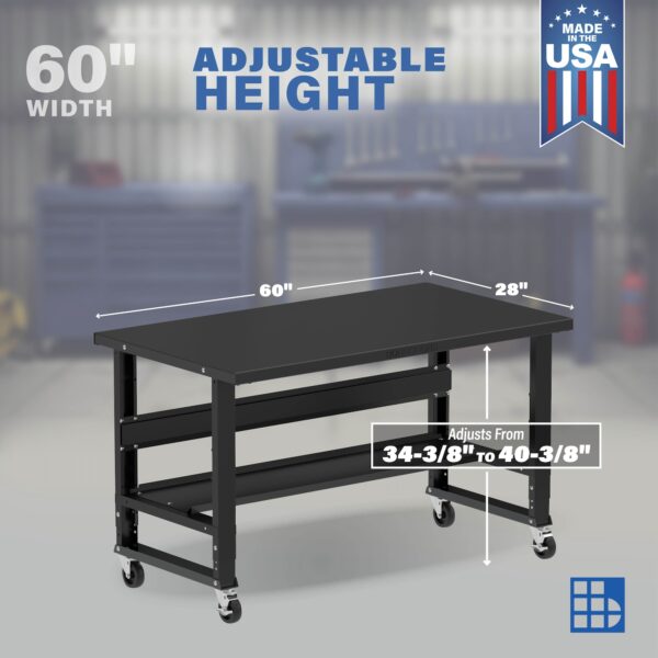Image showcasing adjustable workbench and sizes for a 60" wide rolling steel workbench for sale