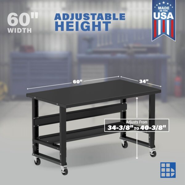 Image showcasing adjustable workbench and sizes for a 60" x 34" wide rolling steel workbench for sale