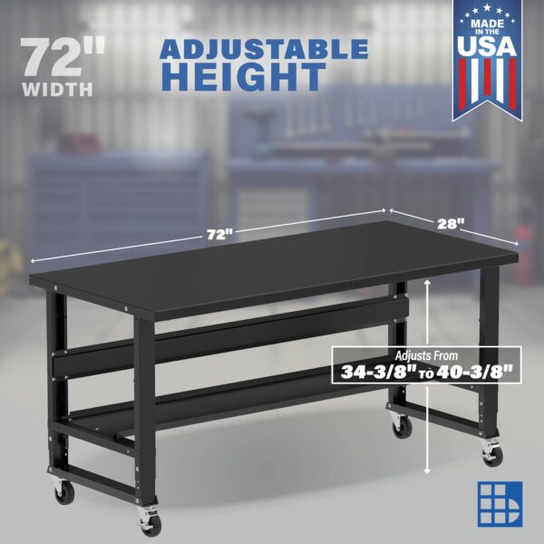 Image showcasing adjustable workbench and sizes for a 72" wide rolling steel workbench for sale
