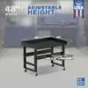 Image showcasing adjustable workbench and sizes for a 48" Wide rolling metal work bench for sale