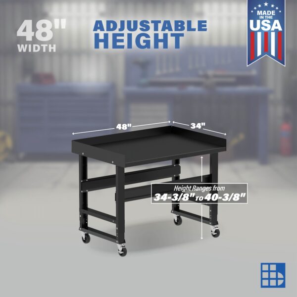 Image showcasing adjustable workbench and sizes for a 48" x 34" wide rolling metal work bench for sale