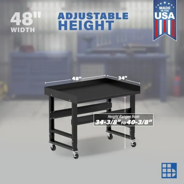 Image showcasing adjustable workbench and sizes for a 48" x 34" wide rolling metal work bench for sale