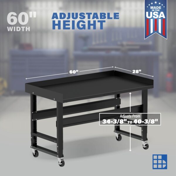 Image showcasing adjustable workbench and sizes for a 60" wide rolling metal work bench for sale