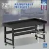Image showcasing adjustable workbench and sizes for a 72" wide rolling metal work bench for sale