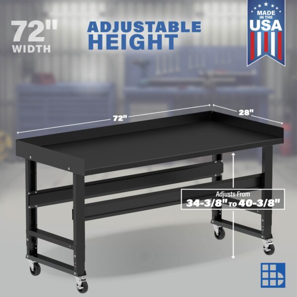 Image showcasing adjustable workbench and sizes for a 72" wide rolling metal work bench for sale