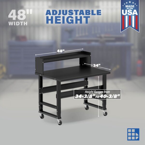 Image showcasing adjustable workbench and sizes for a 48" x 34" wide rolling workbench for sale