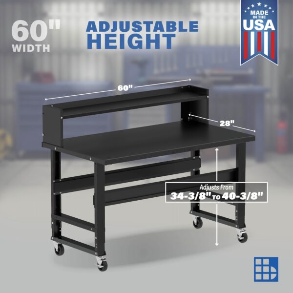 Image showcasing adjustable workbench and sizes for a 60" wide rolling workbench