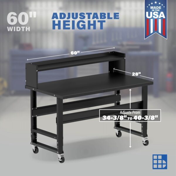 Image showcasing adjustable workbench and sizes for a 60" wide rolling workbench