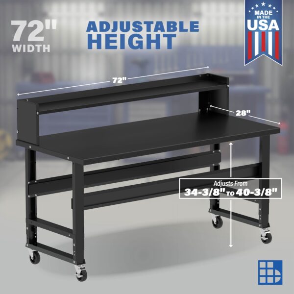 Image showcasing adjustable workbench and sizes for a 72" wide rolling workbench