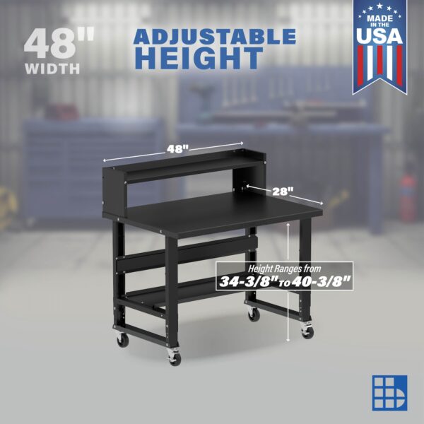 Image showcasing adjustable workbench and sizes for a 48" wide workbench on casters