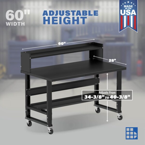 Image showcasing adjustable workbench and sizes for a 60" wide workbench on casters