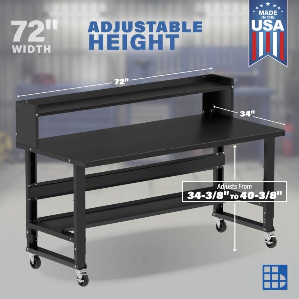 Image showcasing adjustable workbench and sizes for a 72" x 34" wide workbench on casters