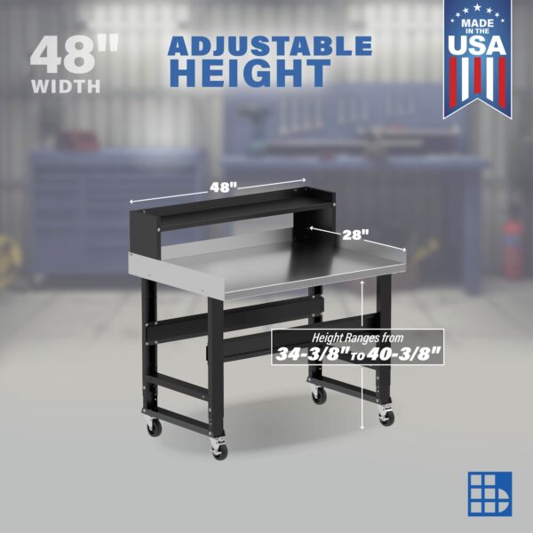 Image showcasing adjustable workbench and sizes for a 48" mobile stainless steel work bench