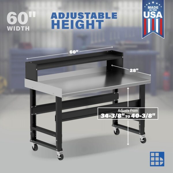 Image showcasing adjustable workbench and sizes for a 60" wide mobile stainless steel work bench