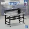 Image showcasing adjustable workbench and sizes for a 60" x 34" wide mobile stainless steel work bench