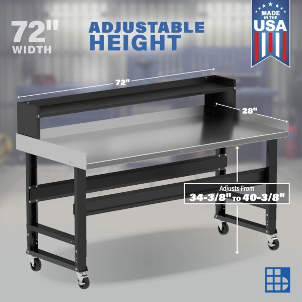 Image showcasing adjustable workbench and sizes for a 72" wide mobile stainless steel work bench