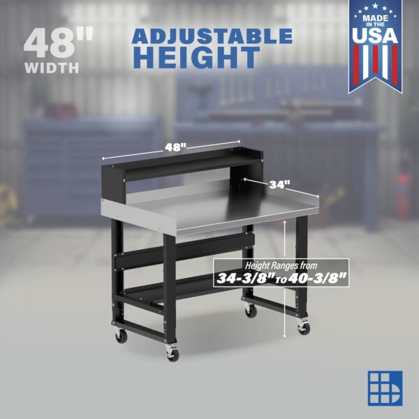 Image showcasing adjustable workbench and sizes for a 4 ft x 34" mobile stainless steel workbench