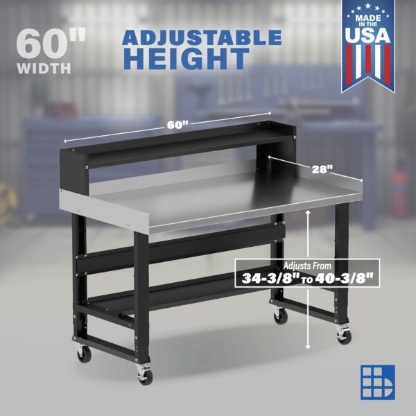 Image showcasing adjustable workbench and sizes for a 60 inch stainless steel mobile workbench