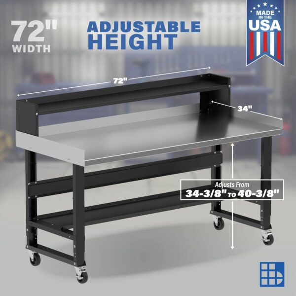 Image showcasing adjustable workbench and sizes for a 6 ft x 34" stainless steel mobile workbench