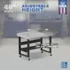 Image showcasing adjustable workbench and sizes for a 48" x 34" mobile garage workbench