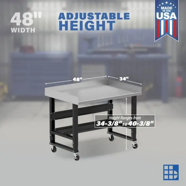 Image showcasing adjustable workbench and sizes for a 48" x 34" mobile garage workbench