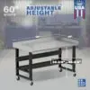 Image showcasing adjustable workbench and sizes for a 60" wide mobile garage workbench