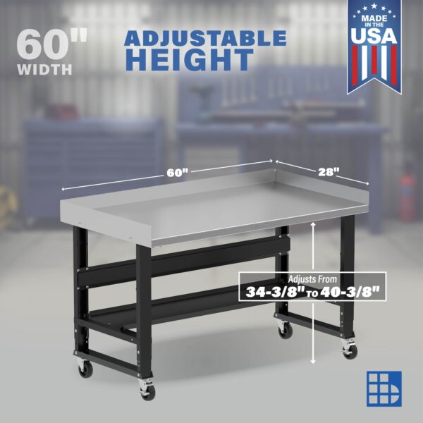 Image showcasing adjustable workbench and sizes for a 60" wide mobile garage workbench