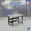Image showcasing adjustable workbench and sizes for a 48" mobile stainless steel workbench for sale