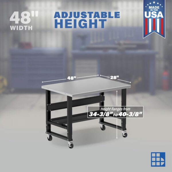 Image showcasing adjustable workbench and sizes for a 48" mobile stainless steel workbench for sale
