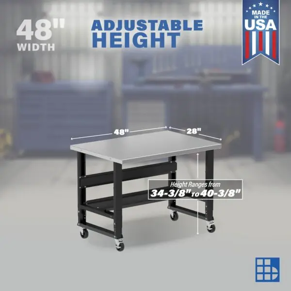 Image showcasing adjustable workbench and sizes for a 48" mobile stainless steel workbench for sale