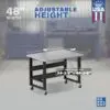 Image showcasing adjustable workbench and sizes for a 48" x 34" mobile stainless steel workbench for sale