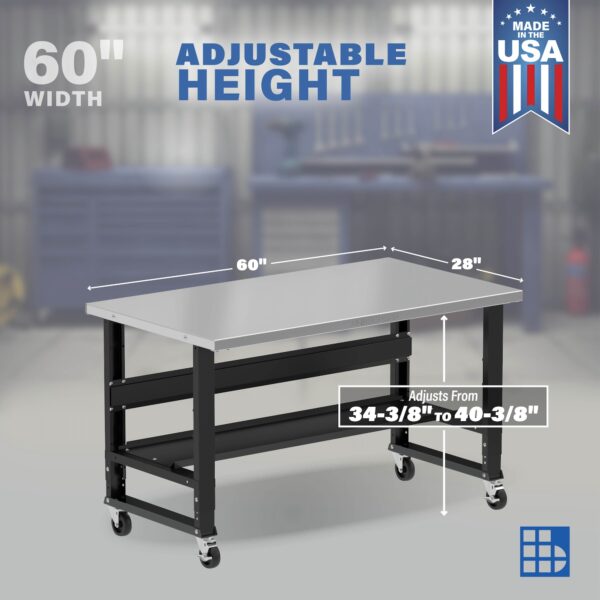 Image showcasing adjustable workbench and sizes for a 60" wide mobile stainless steel workbench for sale