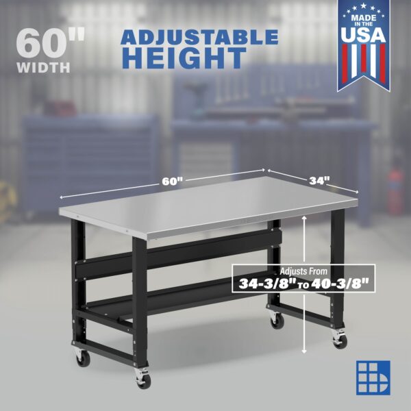Image showcasing adjustable workbench and sizes for a 60" x 34" wide mobile stainless steel workbench for sale