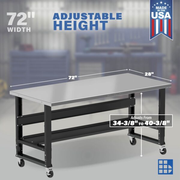Image showcasing adjustable workbench and sizes for a 72" wide mobile stainless steel workbench for sale