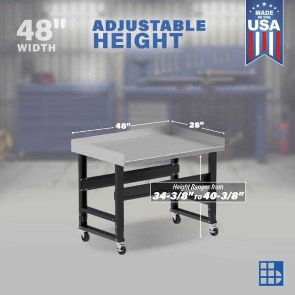 Image showcasing adjustable workbench and sizes for a 48" mobile stainless steel work bench for sale