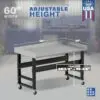 Image showcasing adjustable workbench and sizes for a 60" wide rolling stainless steel workbench for sale