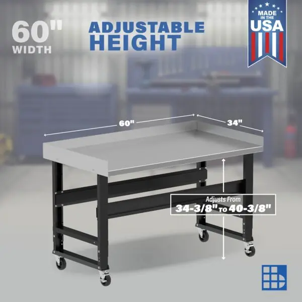 Image showcasing adjustable workbench and sizes for a 60" x 34" wide rolling stainless steel workbench for sale