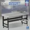 Image showcasing adjustable workbench and sizes for a 72" wide rolling stainless steel workbench for sale
