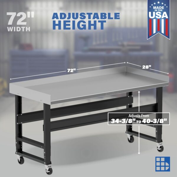 Image showcasing adjustable workbench and sizes for a 72" wide rolling stainless steel workbench for sale