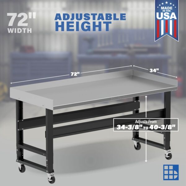 Image showcasing adjustable workbench and sizes for a 72" x 34" wide rolling stainless steel workbench for sale