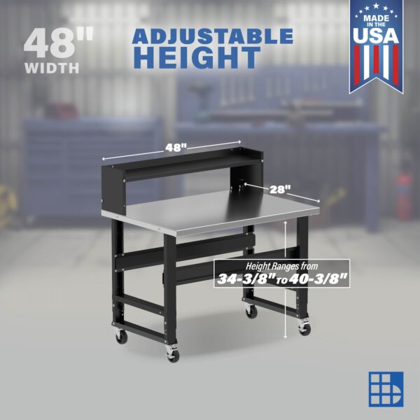 Image showcasing adjustable workbench and sizes for a 48" rolling workbench
