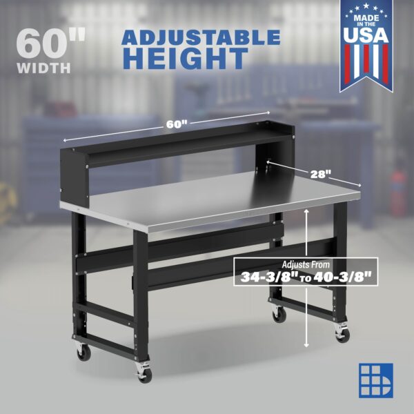 Image showcasing adjustable workbench and sizes for a 60" wide rolling workbench