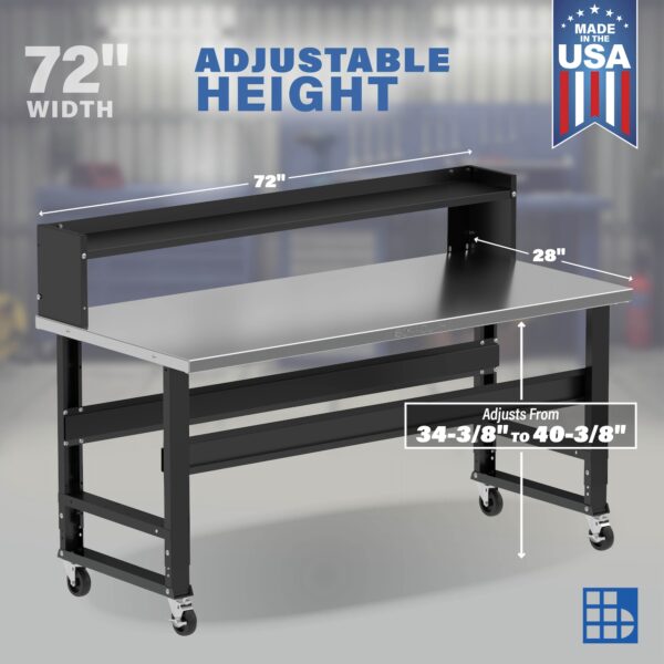 Image showcasing adjustable workbench and sizes for a 72" wide rolling workbench