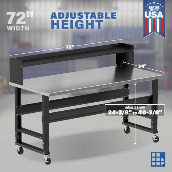 Image showcasing adjustable workbench and sizes for a 72" x 34" wide rolling workbench