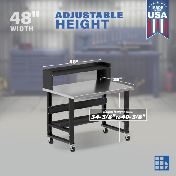 Image showcasing adjustable workbench and sizes for a 48" workbench on casters