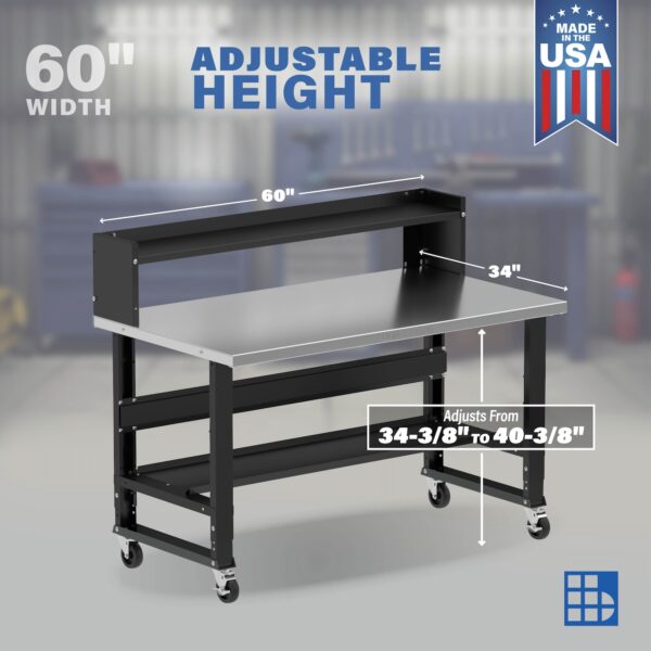 Image showcasing adjustable workbench and sizes for a 60" x 34" wide workbench on casters
