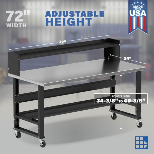 Image showcasing adjustable workbench and sizes for a 72" x 34" wide workbench on casters