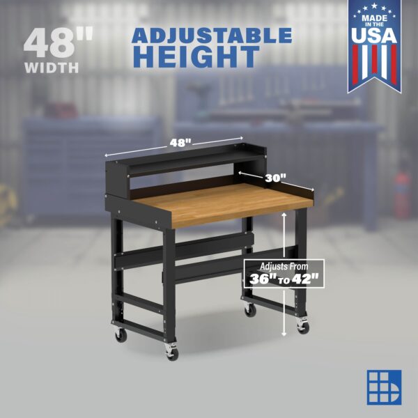 Image showcasing adjustable workbench and sizes for a 48" wide mobile work bench