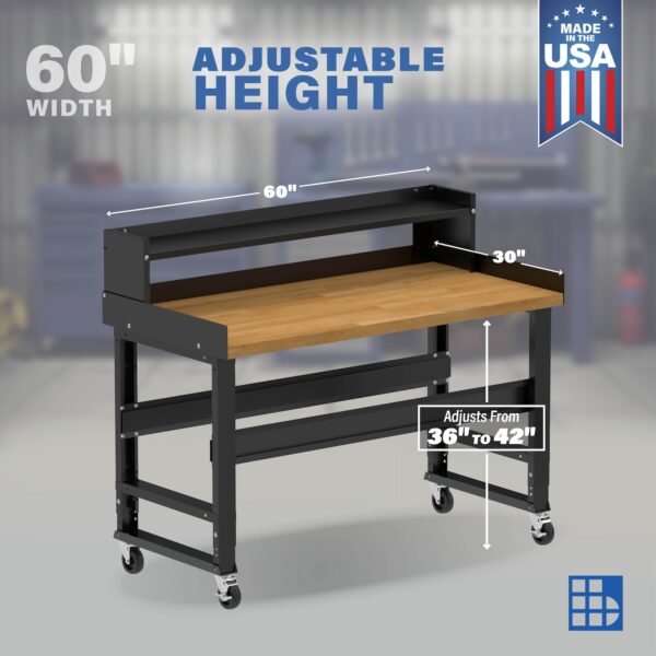 Image showcasing adjustable workbench and sizes for a 60" wide mobile work bench